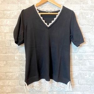 NWOT Adrianna Papell Black Short Sleeve Sweater Lace Trim